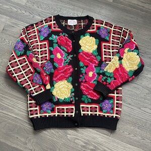 Traditional Trading Co |Vintage Floral Hand Knit Cardigan with Bold Colors SizeM